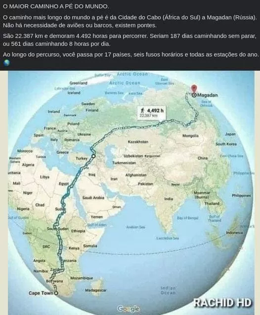 Mapa do maior caminho a pé do mundo, da Cidade do Cabo (África do Sul) a Magadan (Rússia)