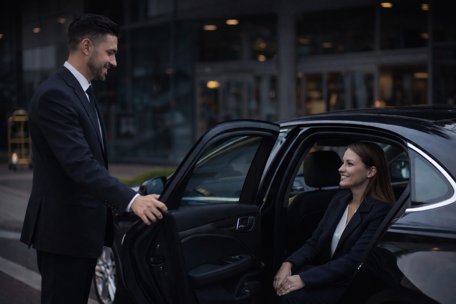 Motorista Executivo da CHM Executive Transport abrindo a porta do veículo para uma passageira